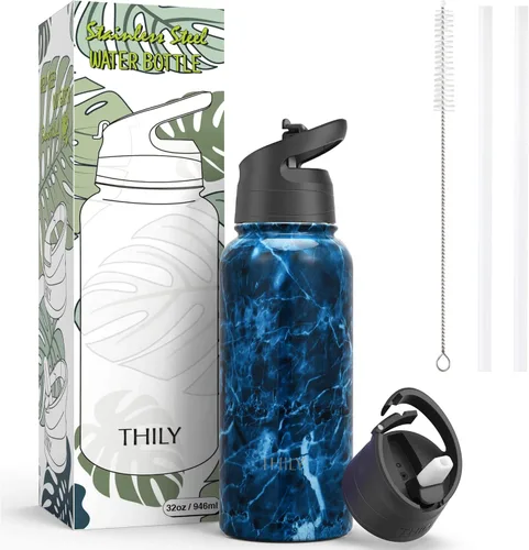 Vista 5 de THILY - Botella de agua deportiva aislada al vacío – Botella de agua de acero inoxidable de 32 onzas a prueba de fugas de boca ancha con tapa Mar