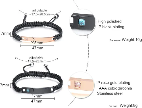 Vista 2 de XUANPAI Pulseras para parejas, personalizadas, hechas a mano, con cuerda trenzada, placa de identificación para mujeres y hombres, Metal, no conocido