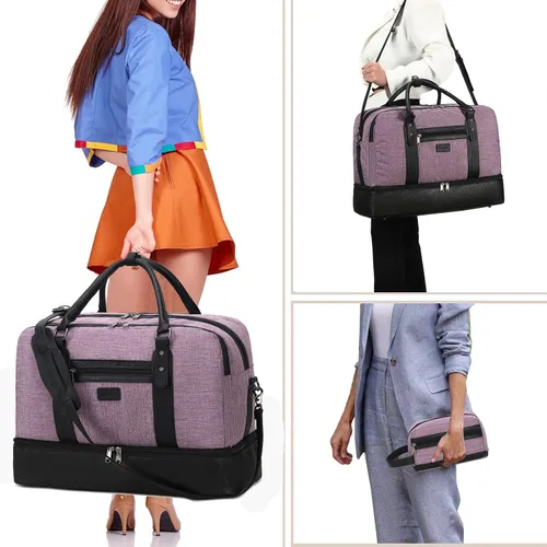 Vista 2 de Bolsa de fin de semana, bolsa de fitness de lona para mujer, bolsa de equipaje, bolsa de viaje grande con compartimento para zapatos, juego de tres