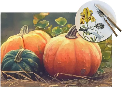 Vista 5 de Juego de 6 manteles individuales de PVC de cosecha de calabaza madura antideslizante, 12 x 18 pulgadas, juego de manteles individuales de granja