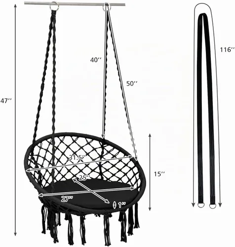 Vista 9 de Giantex - Silla hamaca de macramé con cojín y kit de herramientas, color negro Capacidad de peso de 330 libras, silla colgante
