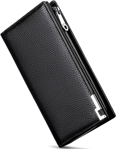 Vista 5 de Huztencor Billeteras largas para hombre de cuero RFID bloqueo billetera plegable con cremallera