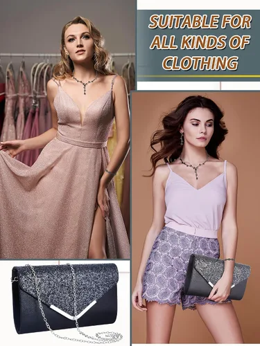 Vista 6 de Henoyso Juego de 5 piezas de joyería de diamantes de imitación con diamantes de imitación, bolso de mano para novia, graduación, collar, aretes