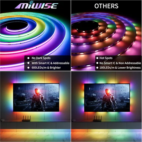 Vista 8 de MIWISE Tira de luces LED RGB Smart IC COB de color de persecución, tira de luz LED USB direccionable, efecto arcoíris con sincronización de música