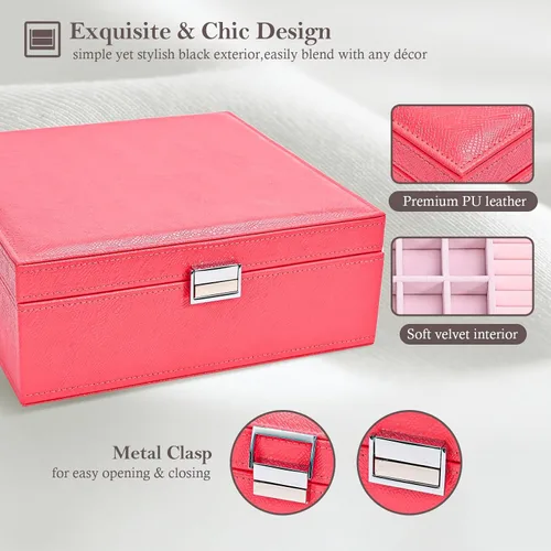 Vista 4 de Joyero para mujeres, niñas, novia, esposa, organizador de joyas de cuero grande, estuche de almacenamiento con dos capas para aretes, pulseras