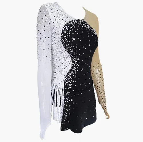 Vista 3 de Vestido de competición de patinaje sobre hielo para adultos, patrones blancos y negros para coser, manga larga, vestido de patinaje artístico