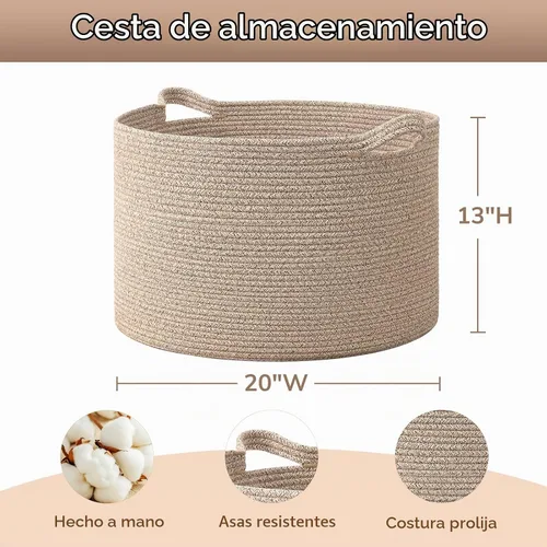 Vista 3 de Goodpick Cesta de manta de 65 litros, 19.7 x 12.6 pulgadas, cesta de cuerda de algodón, para sala de estar, organizadores de juguetes y Todo marrón