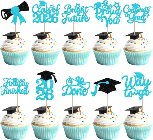 Vista 46 de 30 piezas de decoración para cupcakes de graduación para la clase de 2026 con purpurina brillante para el futuro diploma hecho 2026 Felicidades