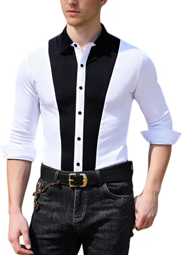 Vista 7 de Camisa de vestir para hombre, empalme elástico sin arrugas, manga larga, con botones, para playa