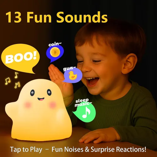 Vista 3 de Luz nocturna fantasma para niños, regalo y juguete divertido para niños, lámpara táctil con sonidos, silicona blanda, LED seguro para los ojos