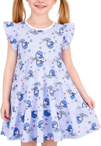 Vista 10 de Vestido casual para niñas, de algodón suave, manga corta, transpirable, acampanado, para adolescentes, talla 2T, 3T, 4T, 5, 6, 7, 8, 9, 10, 12, 13