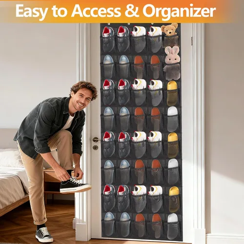 Vista 7 de Organizador de zapatos sobre la puerta, 40 bolsillos grandes de malla para colgar zapatos, organizador para armario, detrás de la puerta, soporte