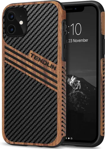 Vista 16 de TENDLIN Compatible con iPhone 11 Funda de grano de madera con textura de fibra de carbono, diseño híbrido de cuero, color negro
