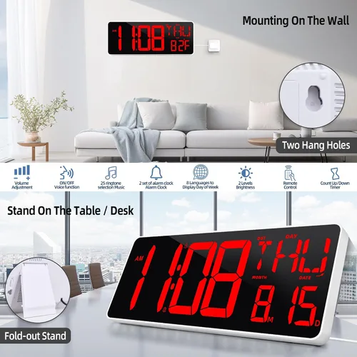 Vista 3 de TXL Reloj de pared digital grande de 13.7 pulgadas con control remoto, reloj de escritorio LED digital con función