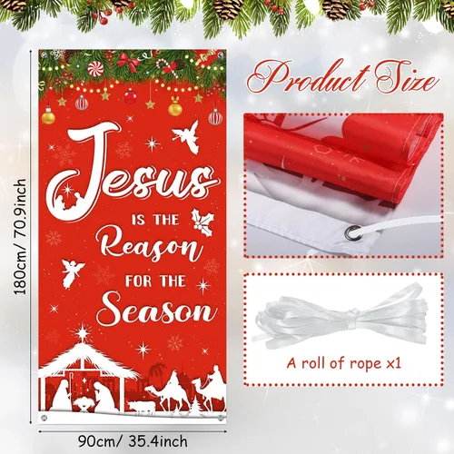 Vista 2 de WovWeave Decoración navideña para puerta religiosa al aire libre, Jesús es la razón de la temporada, fondo de fotografía de Navidad, pancarta
