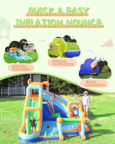 Vista 7 de AirMyFun Casa inflable de dinosaurio, tobogán acuático inflable de 2 toboganes para niños con pared de escalada, pozo de pelotas y portería