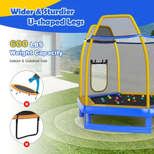 Vista 4 de GYMAX Trampolín para niños, cama elástica de 7 pies aprobada por ASTM con tobogán, escalera, pelotas y tapetes oceánicos, trampolín recreativo