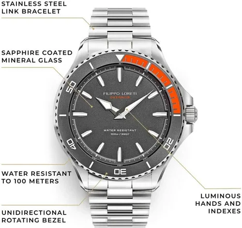 Vista 3 de FILIPPO LORETI OKEANOS - Men's Wrist Watch - 100M Water Resistant Watches 42mm Diver Dial wLuminous Hands Stainless Steel Watch Stainless Steel