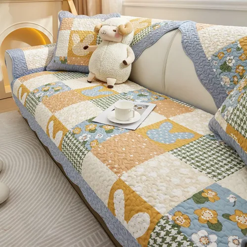 Vista 8 de Funda de algodón con retazos para sofá, funda acolchada con estampado floral de granja para sofá modular, funda antideslizante para sofá seccional