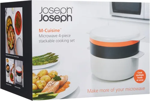 Vista 4 de Joseph Joseph M-Cuisine - Juego de cocina apilable para microondas, 4 piezas, olla de 2 litros, vaporera, plancha y tapa, naranja/beige