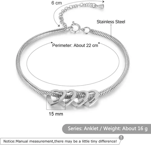 Vista 2 de LoraPetid Tobillera personalizada con dije para mujer, cadena de tobillera ajustable plateadadorada con corazón de 2, 3, 4, 6, con nombre