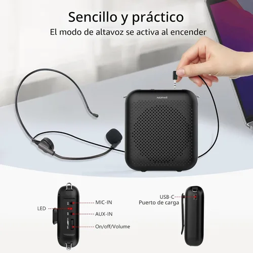 Vista 7 de Norwii Amplificador de voz Bluetooth para profesor con micrófono con cable Negro - 4000mAh