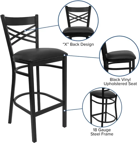 Vista 5 de Flash Furniture HERCULES Series Black ''X'' Back Metal Restaurant Barstool - Asiento de vinilo negro Asiento de vinilo negro/marco de metal negro