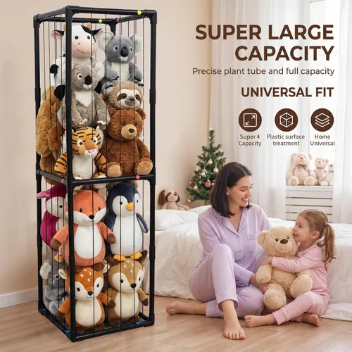 Vista 4 de Almacenamiento de animales de peluche, organizador de almacenamiento con banda elástica, tubo de PVC grueso, soporte grande para animales de peluche
