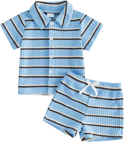 Vista 8 de MERSARIPHY Ropa para bebé niño de 6, 12, 18 meses, 2T 3T, traje de verano, punto gofre, a rayas, informal, camiseta y pantalones cortos