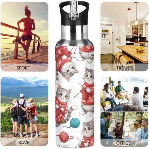 Vista 5 de Stainless Steel Water Bottle 32 Oz, Leakproof Water Bottles for Gym Outdoor Travel School, Gray White Cats Red Floral