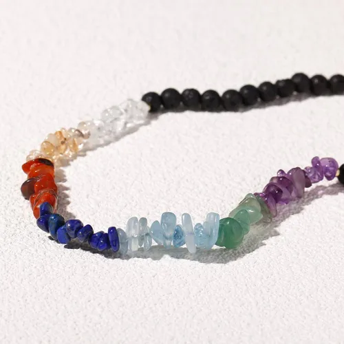 Vista 7 de Jewever Collar largo de 7 chakras para mujer, cristales curativos de Reiki y piedras preciosas, difusor de aceites esenciales, piedra de lava negra