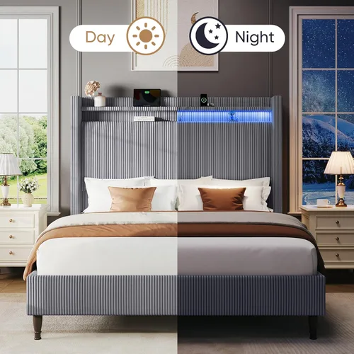 Vista 7 de Base de cama matrimonial con cabecera de 55.3 pulgadas de alto, plataforma tapizada de pana con luces LED y estación de carga, cabecera