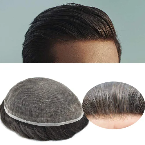 Vista 24 de Sistema de cabello para hombre, encaje francés suave, pieza de cabello humano real, nudos blanqueados, cabello frontal, tupé para hombres