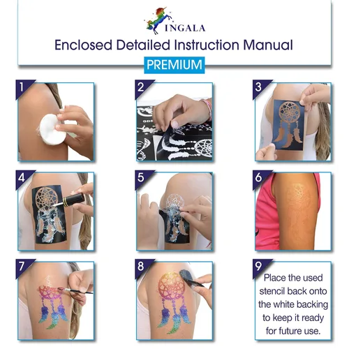 Vista 4 de INGALA Juego de tatuajes artísticos con purpurina de alta calidad, 146 diseños únicos para niños, adolescentes y adultos. Adecuado para henna