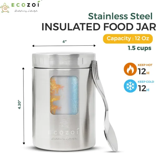 Vista 4 de Stainless Steel Insulated Food Jar, 12 Oz, with Spork and Cotton Carrying Bag, Plastic-Free Lid
