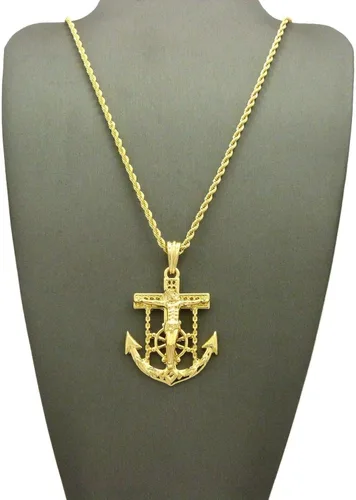 Vista 2 de Shiny Jewelers USA - Colgante de cadena cubana de cuerda para hombre Jesús con ancla de cruz y cadera, 24.0in
