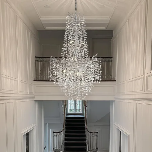 Vista 6 de Candelabros de Cristal Plateado H61'' para Techos Altos, Candelabros de Escalera, Candelabro Moderno de Rama de Árbol de Cristal, D40'' Candelabro