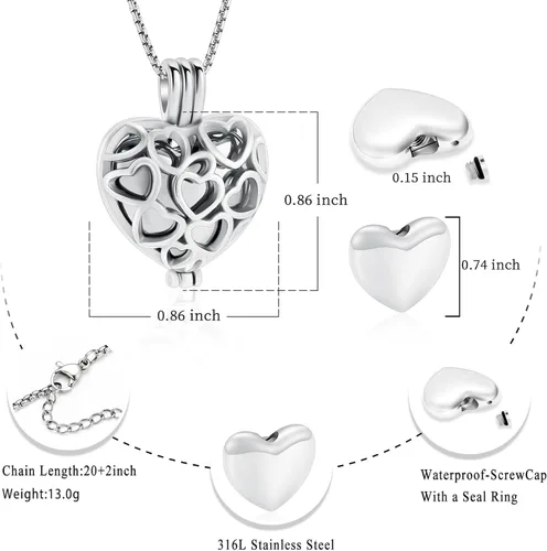 Vista 9 de Collar con medallón de cremación conmemorativa con corazón eterno con mini urna para cenizas de seres queridos