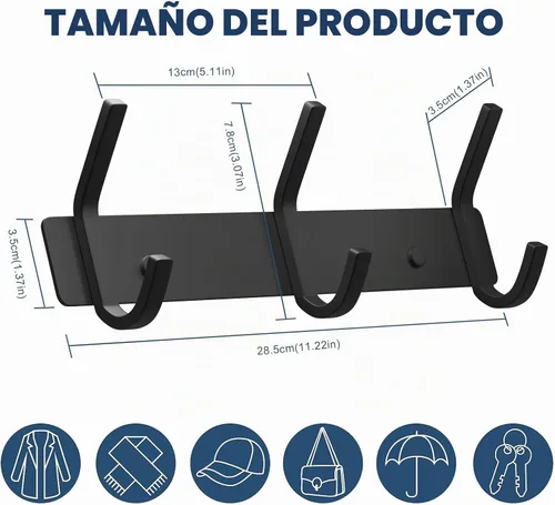 Vista 3 de VAEHOLD Perchero resistente de pared para colgar abrigos, ropa, batas, toallas y sombreros, con 3 ganchos, color negro