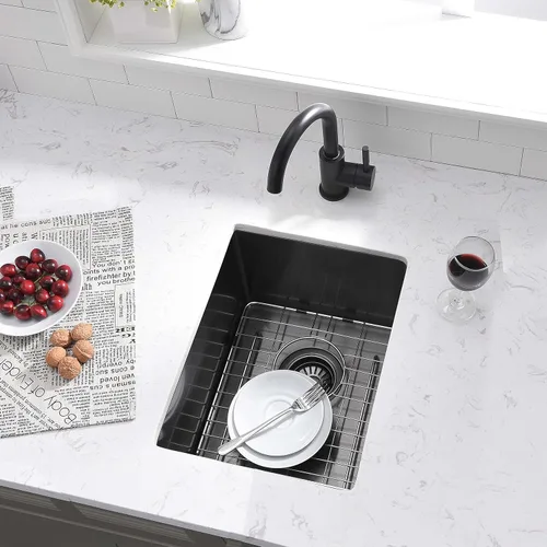 Vista 2 de Fregadero de barra negra de 12 pulgadas para montaje bajo montaje, fregadero de cocina pequeño de 12 x 16 pulgadas, fregadero de barra húmeda