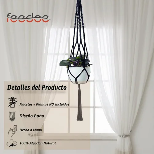 Vista 4 de Feedee Ganchos de macramé para plantas, paquete de 6, color negro, interior/exterior, algodón