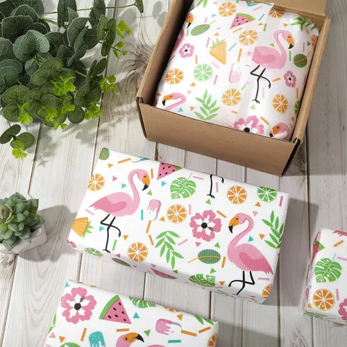 Vista 5 de JarThenaAMCS 100 hojas de papel de seda hawaiano, papel de regalo tropical, hojas de palma, flamenco, papel decorativo para manualidades, verano