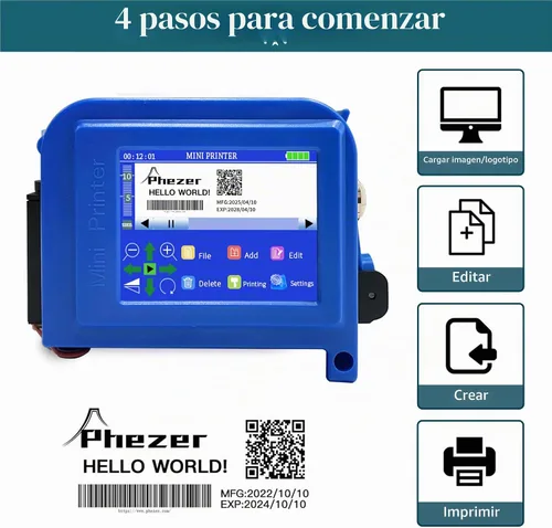 Vista 3 de Phezer Mini impresora de inyección de tinta mejorada de 1.000 in/1 pulgada para todos los materiales PC11-1, 25 idiomas, con cartucho de tinta