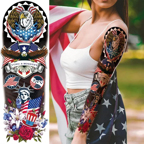 Vista 3 de Mangas temporales para tatuaje del 4 de julio para hombres y mujeres, 4 hojas grandes de brazo completo de Estados Unidos, patriótico 4 de julio