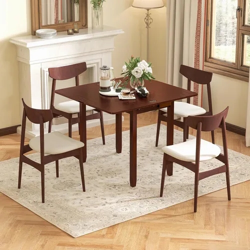 Vista 2 de GOFLAME Mesa de comedor extensible para 4, mesa de cocina plegable con compartimento de almacenamiento y patas de madera de goma, mesa de comedor