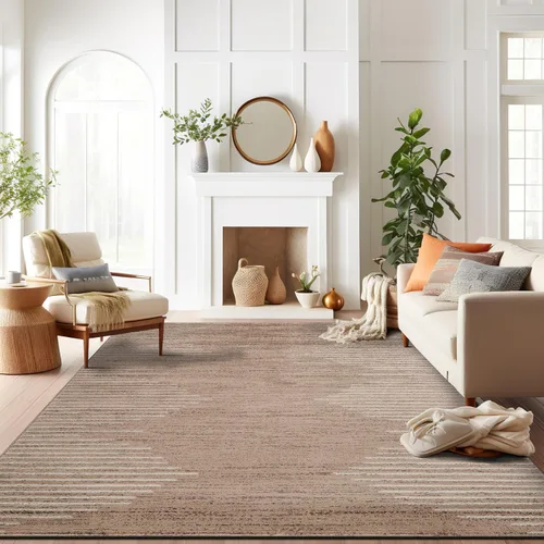 Vista 25 de Rugshop Alfombra bohemia a rayas resistente a las manchas, color beige, 2 x 7 pies