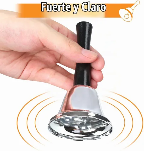 Vista 5 de Paquete de 4 campanas de mano, campanas de acero plateado, campanas sonoras con asa, campanas de cena para interior de aula, para línea