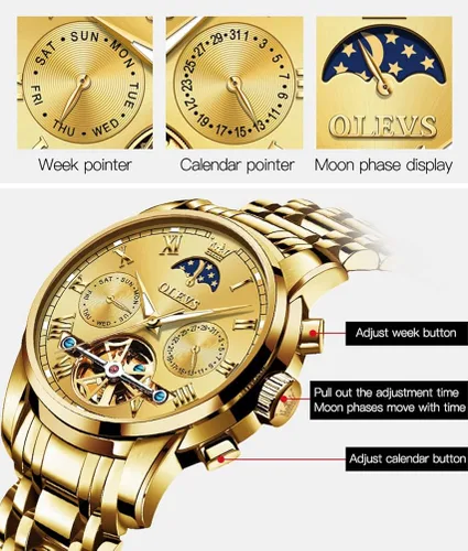 Vista 4 de OLEVS Relojes automáticos para hombre, diseño de esqueleto Tourbillon, cuerda automática, de lujo, a la moda, reloj de pulsera, fase lunar, día