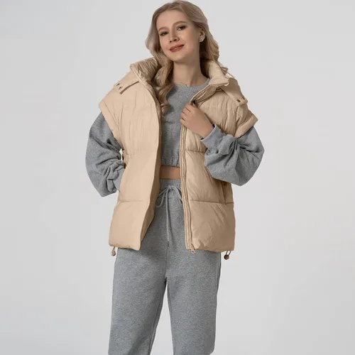 Vista 38 de Shiyifa Chaleco acolchado para mujer, chaqueta de gran tamaño, sin mangas, ligera, con cremallera, con capucha desmontable