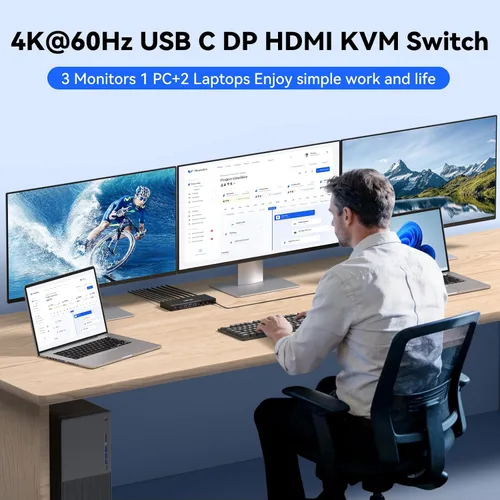 Vista 5 de Conmutador KVM USB C DP, 3 computadoras, 3 monitores, interruptor KVM MST 4K/1080P a 60Hz para 1 PC y 2 portátiles Share 3 monitores con 4